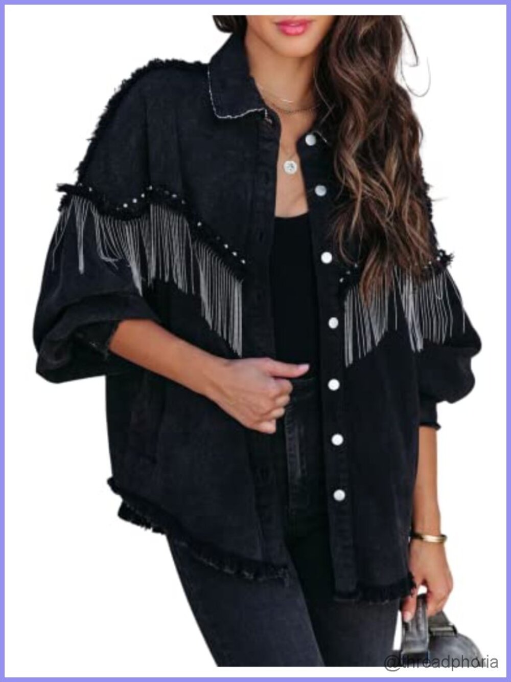 Oversized Fringe Denim Jacket Crystal Tassel Western Coat